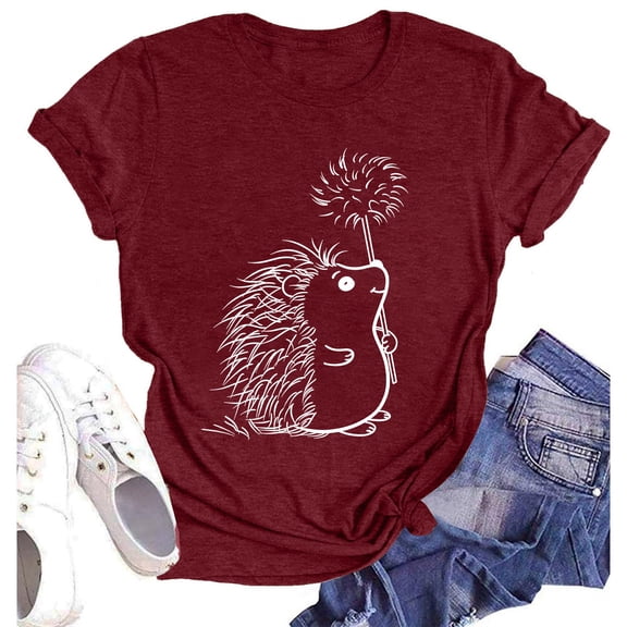NAMTYQX Womens Casual Tops Plus Size Short Sleeve Trendy Lightweight Cool Muster Print Relaxed Fit Crewneck Womens Tops Wine Size L