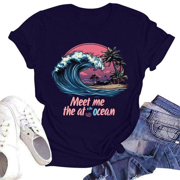 NAMTYQX Womens Casual Tops Short Sleeve Crew Neck Lightweight Soft Mit Print Casual Graphic Oversized Loose Fit Summer Shirts for Women Navy Size L