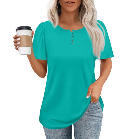NAMTYQX Womens Going Out Tops Trending Plus Size Solid Color Baggy Comfort Casual Soft Short Sleeve O-Neck Turquoise Size L