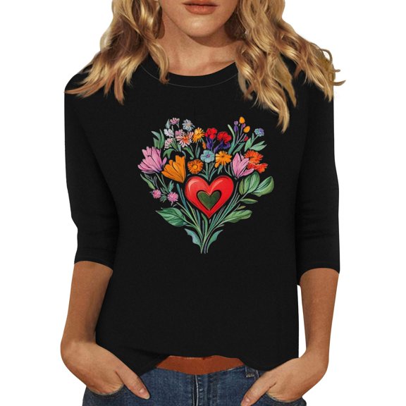 NAMTYQX Womens Graphic T Shirts Patterned Basic Three Quarter Sleeve Loose Fit Plus Size Tops for Women Black Size S