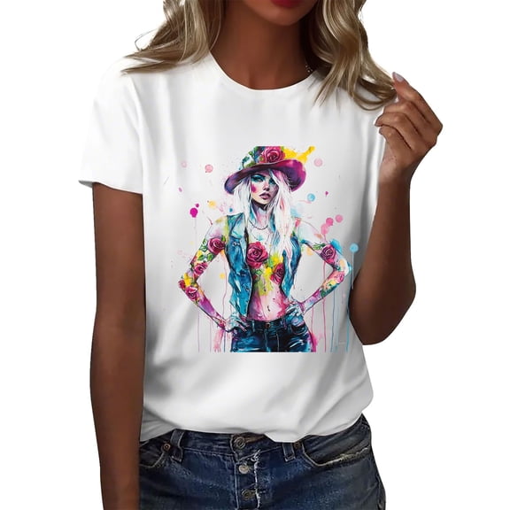 NAMTYQX Womens Graphic T Shirts Scoop Neck Casual Oversize Light Print Short Sleeve Cool Comfy Pattern Tops for Women Trendy Light Blue Size M