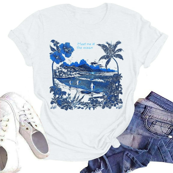 NAMTYQX Womens Graphic T Shirts Slack Crew Neck Basic Lightweight Print Print Short Sleeve Soft Oversized Womens Spring Tops White Size L