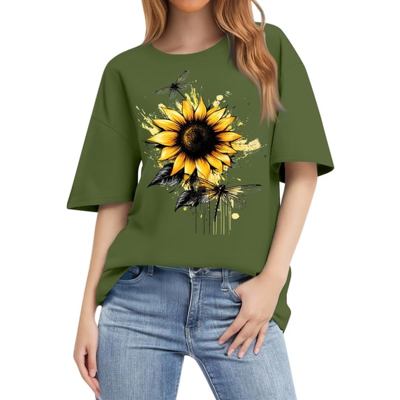 NAMTYQX Womens Graphic Tees Crewneck Plus Size Short Sleeve Printed Grafisches Soft Loose Casual Lightweight Shirts for Women Trendy Summer Army Green Size XL
