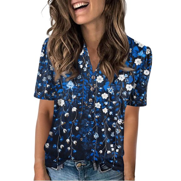NAMTYQX Womens Graphic Tees Lightweight Button V Neck Cute Tops Casual Short Sleeve Women's Summer Tops Blue Size M