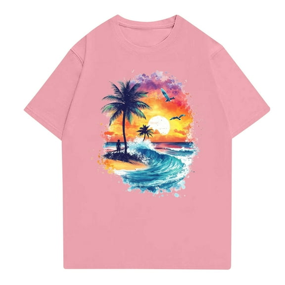 NAMTYQX Womens Graphic Tees Round Neck Basic Lounge Soft Hawaii Tropical Pattern Relaxed Fit Short Sleeve Plus Size Pink Size M