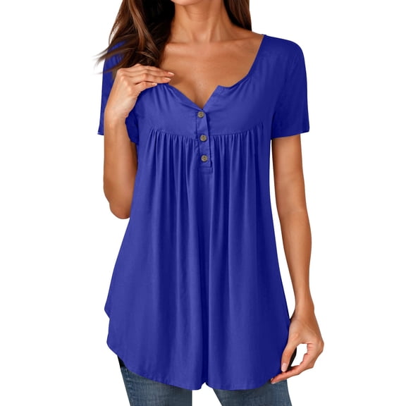 NAMTYQX Womens Graphic Tees Short Sleeve Fashion Button V Neck Plus Size Graphic Relaxed Fit Ruched Casual Dark Blue Size M