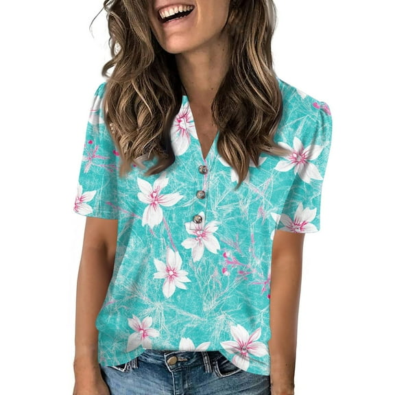 NAMTYQX Womens Graphic Tees Short Sleeve Stretchy Casual Patterned Tops for Women Trendy Summer Cyan Size 2XL
