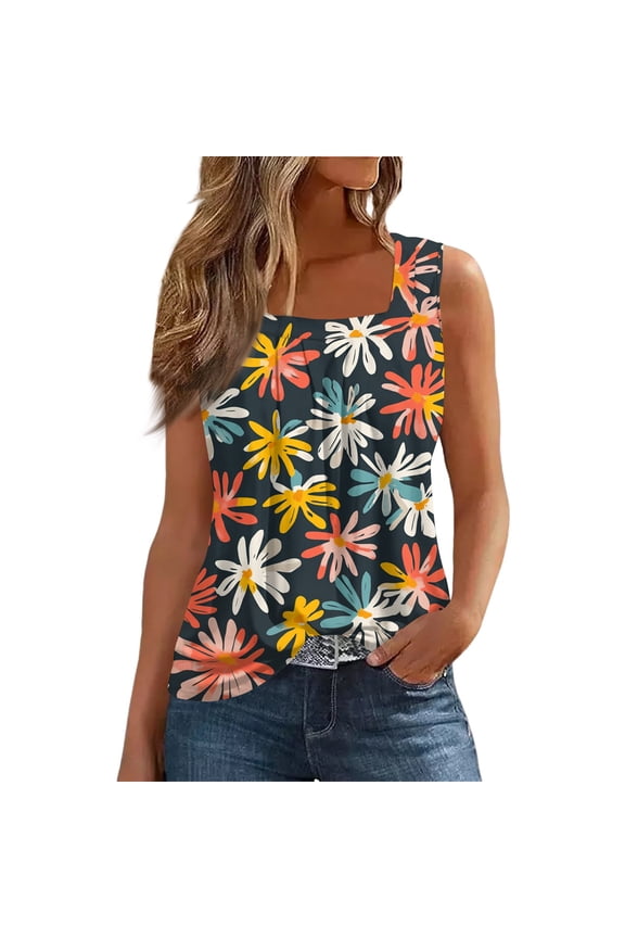 Womens Graphic Tees Stretch Patterned Casual Trendy Square Neck Slim Wide Shoulder Straps Sleeveless Navy Size M