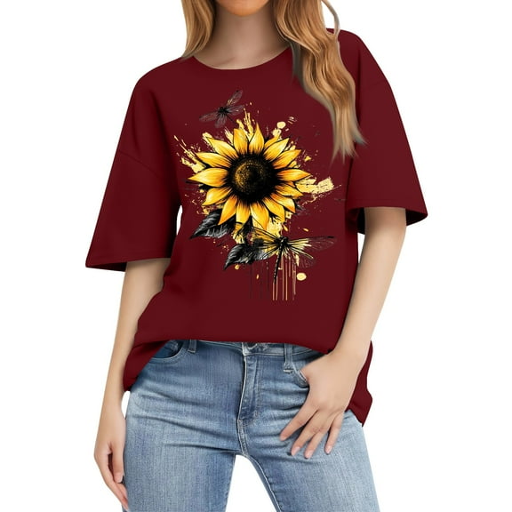 NAMTYQX Womens Oversized Tee Shirts Mit Print Soft Oversized Lightweight Cute Graphic Baggys Short Sleeve Crew-Neck Womens Summer Shirts Wine Size 2XL