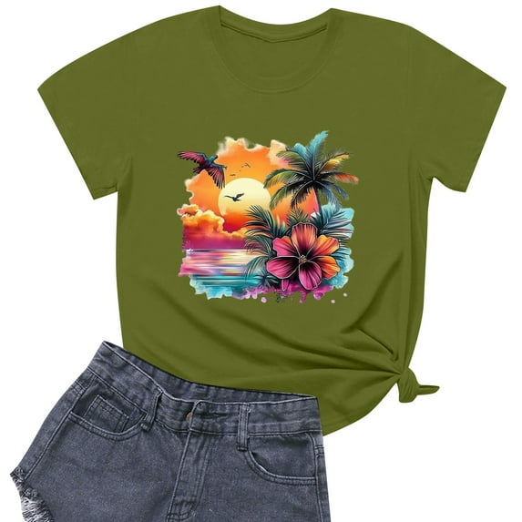 NAMTYQX Womens Oversized Tee Shirts Oversized Graphic Boxy Fit Round Neck Lightweight Cool Short Sleeve Fashion Muster Womens Graphic T Shirts Army Green Size S