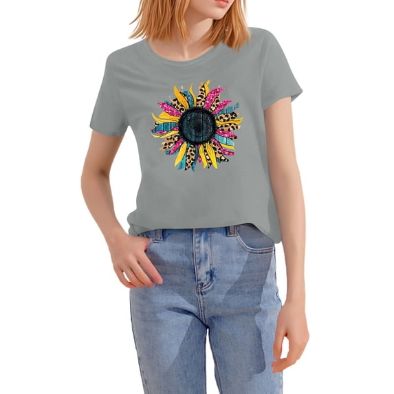 NAMTYQX Womens Oversized Tee Shirts Short Sleeve Cool Light Casual Plus Size Muster O-Neck Pattern Baggy Womens T Shirts Gray Size 2XL