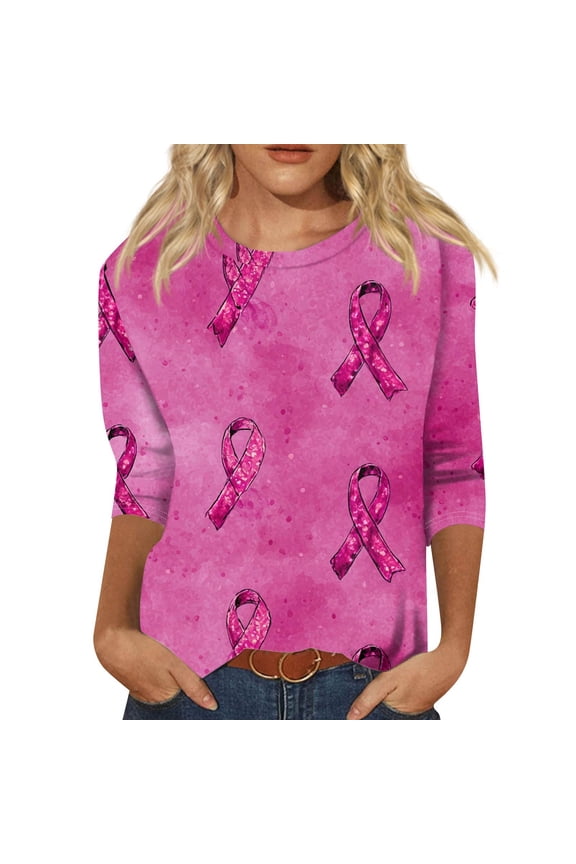 Womens Plus Size Tops Loose Pink Ribbon Print Casual Softest Watermelon Red Size 5XL