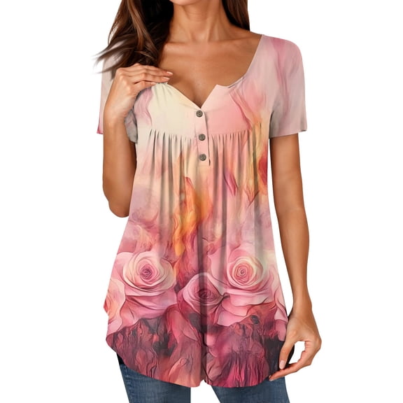 NAMTYQX Womens Plus Size Tops Short Sleeve Casual Pattern Fashion Button Vneck Loose Fit Plus Size Pleated Watermelon Red Size M