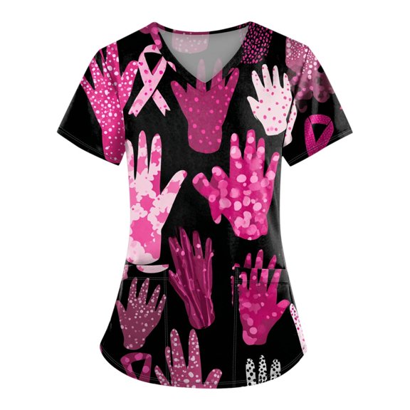 NAMTYQX Womens Scrub Tops Plus Size V Neck Breast Cancer Shirts for Women Black Size L