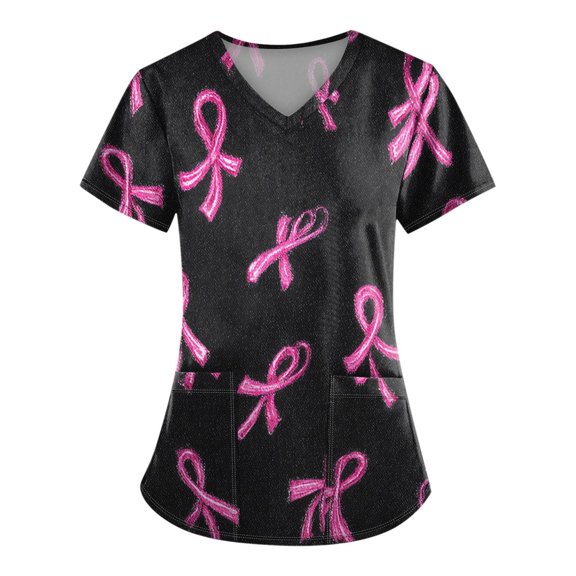 NAMTYQX Womens Scrub Tops V Neck Plus Size Floral Breast Cancer Tshirt Watermelon Red Size XL