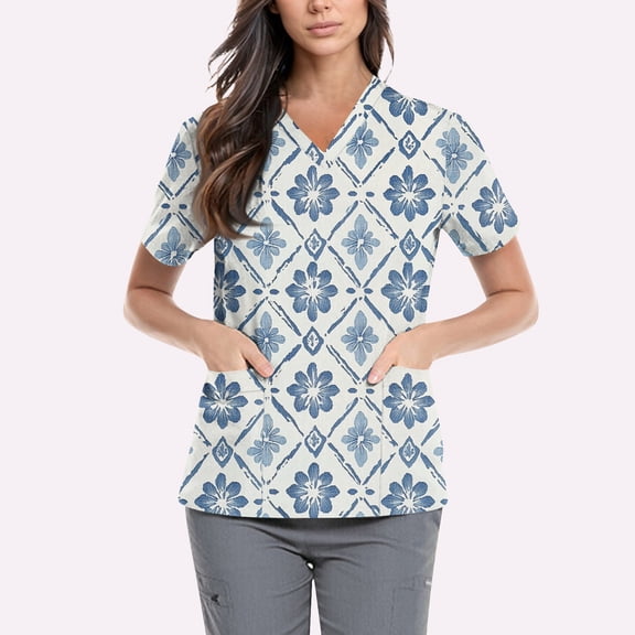 NAMTYQX Womens Scrubs Loose Fit Stretch Casual Lightweight Short Sleeve White Size L