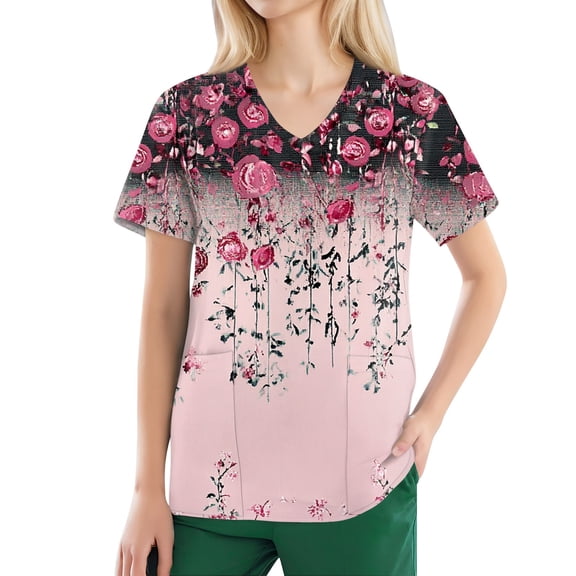 NAMTYQX Womens Scrubs Short Sleeve Loose Fitting Casual Light V Neck Stretch Pink Size L