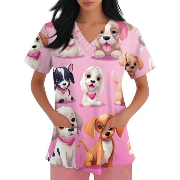 NAMTYQX Womens Scrubs Stretch Short Sleeve Casual Light V Neck Loose Fit Purple Pink Size 5XL