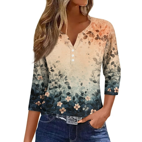 NAMTYQX Womens Shirts Dressy Casual Boxy Fit Trendy Comfort 3/4 Sleeve Button V Neck Casual Plus Size Soft Orange Size M