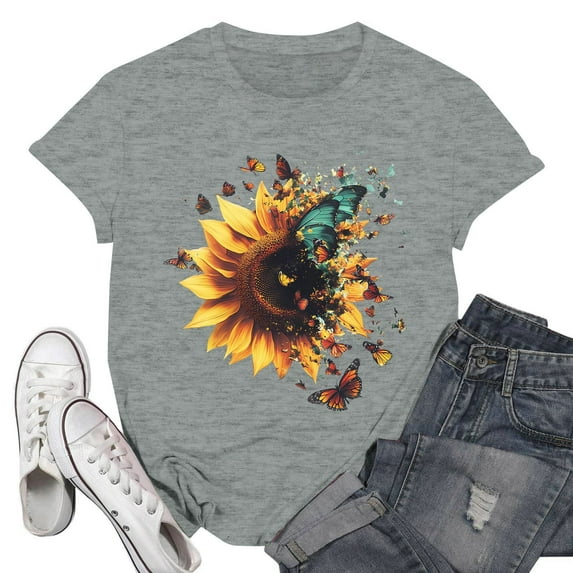 NAMTYQX Womens Shirts Dressy Casual Casual Bedruckte Graphic Short Sleeve Lightweight Loose Crewneck Cool Plus Size Summer Blouses for Women 2025 Light Gray Size S