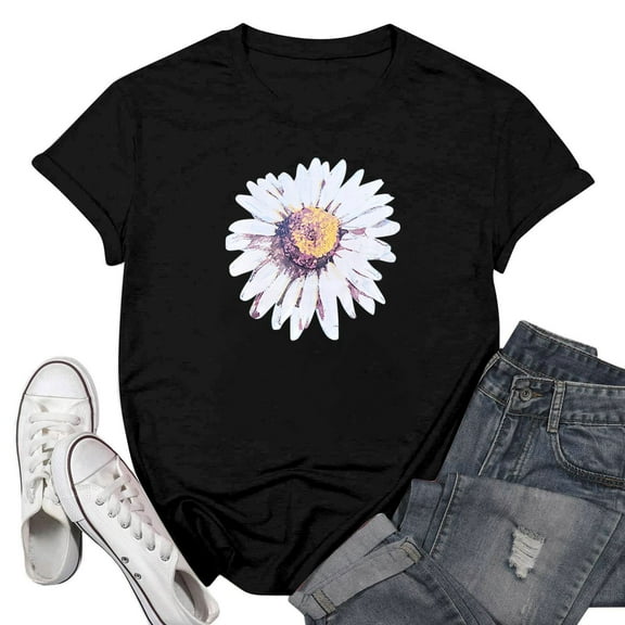 NAMTYQX Womens Shirts Dressy Casual Round Neck Plus Size Fashion Stretchy Soft Boyfriend Bedruckte Graphic Short Sleeve Floral Tops for Women Black Size S
