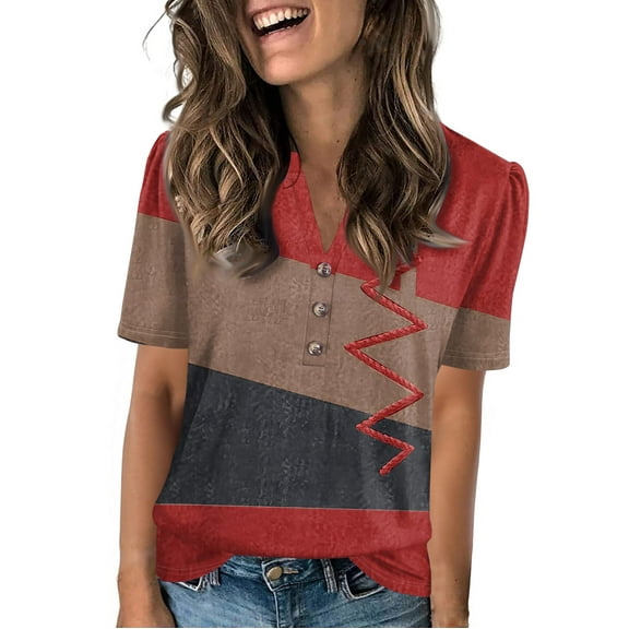 NAMTYQX Womens Shirts Dressy Casual Trendy Baggy Short Sleeve Casual Plus Size Button V Neck Comfort Soft Wine Size S