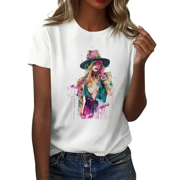 NAMTYQX Womens Short Sleeve Tops Boxy Fit Plus Size Cool Fashion Gemusterte Stretchy Printed Crewneck Short Sleeve Women's Summer Tops Purple Pink Size M