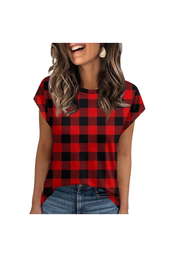 Womens Short Sleeve Tops Boxy Fit Stretch Patterns Womens Shirts Crewneck Cute Summer Tops for Women Red Size 2XL