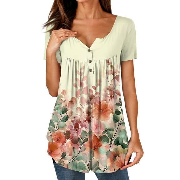 NAMTYQX Womens Short Sleeve Tops Button V Neck Short Sleeve Stylish Patterns Plus Size Loose Fitting Casual Pleated Yellow Size 5XL