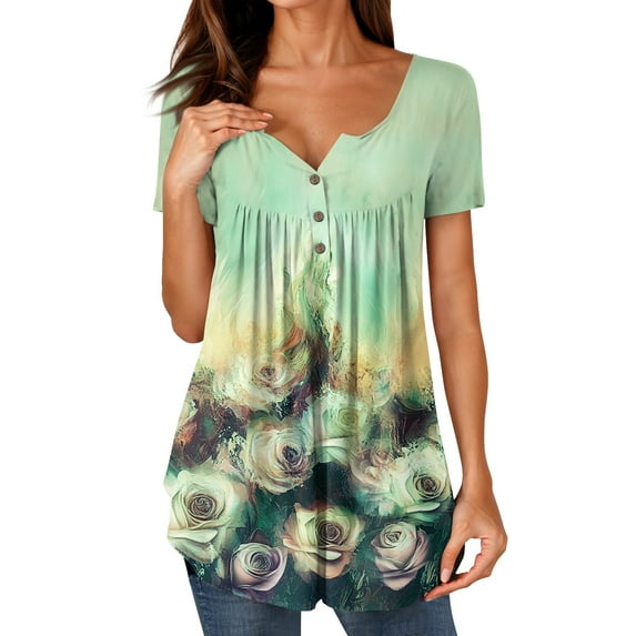 NAMTYQX Womens Short Sleeve Tops Short Sleeve Loose Fitting Ruffle Fashion Graphic Button V Neck Plus Size Casual Mint Green Size 5XL