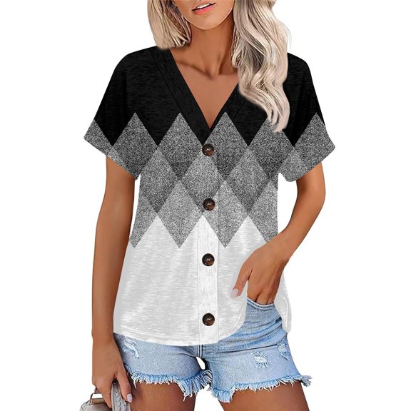 NAMTYQX Womens Short Sleeve Tops Trending Lounge Loose Plus Size V Neck Button Down Open Front Soft Short Sleeve Lightweight Light Gray Size M