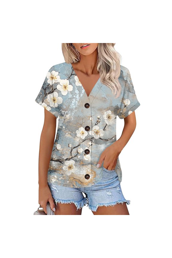 Womens Short Sleeve Tops V Neck Button Down Open Front Baggy Short Sleeve Soft Trending Lightweight Plus Size Lounge Light Gray Size S