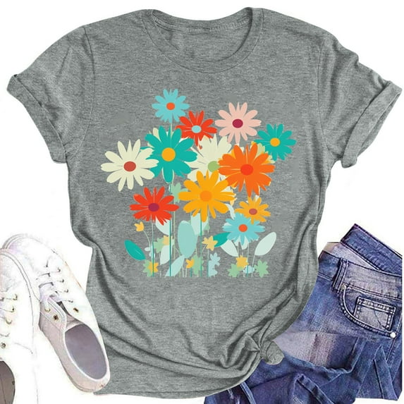 NAMTYQX Womens Spring Tops Casual Plus Size Patterned mit Muster Breathable Loose Short Sleeve Stretch Crew Neck Blouses for Women Casual Gray Size 2XL