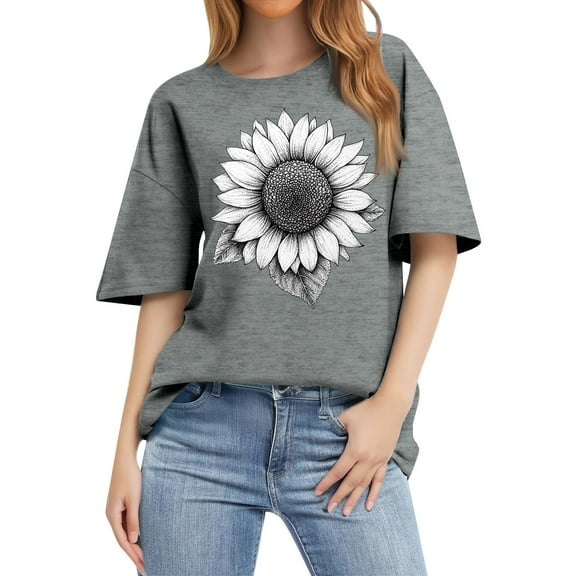 NAMTYQX Womens Spring Tops Light Short Sleeve Cool Fashion Slack Print Crew-Neck Oversized Print Womens Graphic Tees Gray Size S