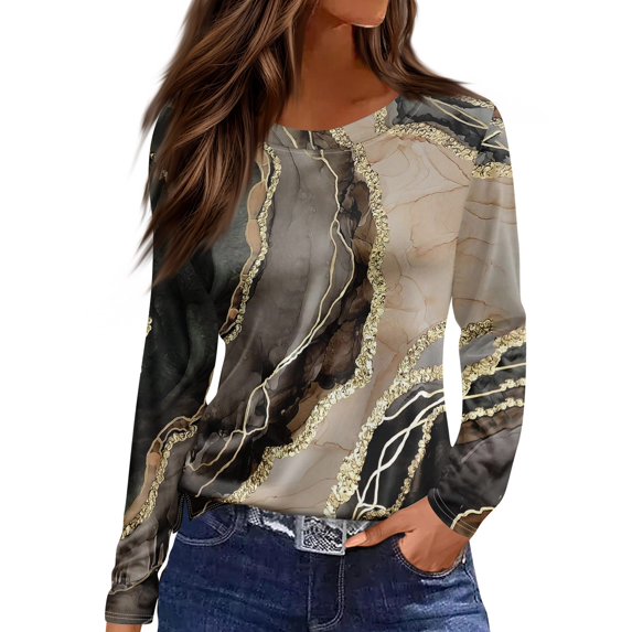 NAMTYQX Womens Spring Tops Long Sleeve Casual Plus Size Gradient Print Crewneck Loose Fitting Womens Spring Tops Size 2XL Khaki