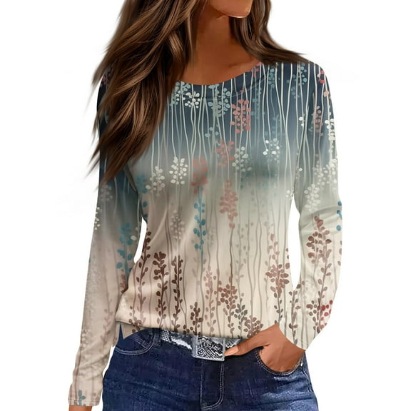 NAMTYQX Womens Spring Tops Long Sleeve Casual Plus Size Gradient Print Crewneck Loose Fitting Womens Spring Tops Size L Green