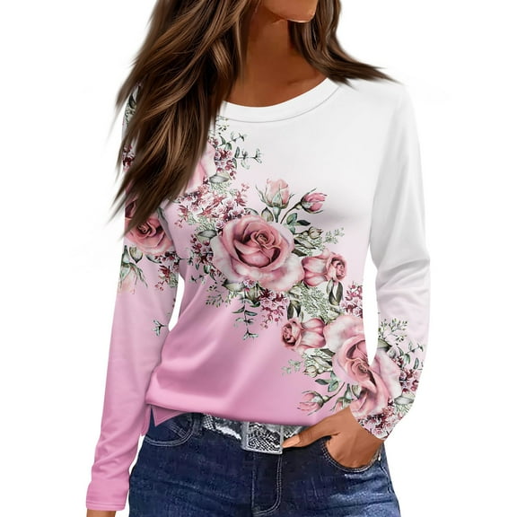 NAMTYQX Womens Spring Tops Long Sleeve Casual Plus Size Gradient Print Crewneck Loose Fitting Womens Spring Tops Size S Purple Pink