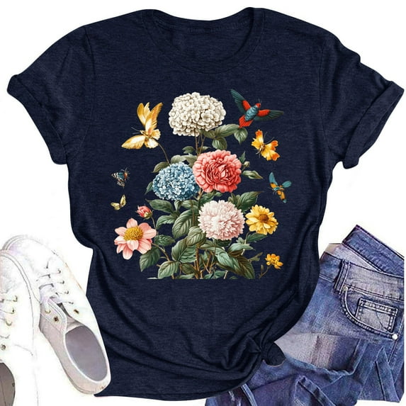 NAMTYQX Womens Spring Tops Plus Size Baggy Lightweight Bedrucken Trendy Print Short Sleeve Scoop Neck Soft Summer Shirts for Women Navy Size S