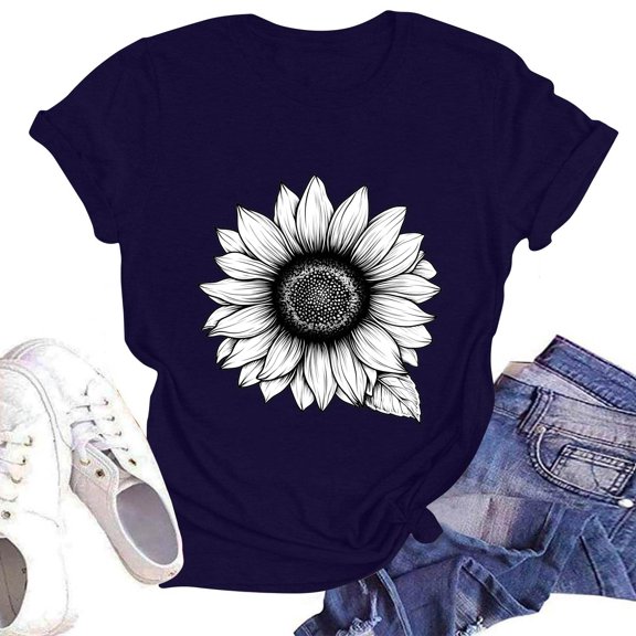 NAMTYQX Womens Spring Tops Plus Size Short Sleeve Lightweight Crewneck Lounge Print Print Airoft Loose Fitting Graphic Tees Navy Size L