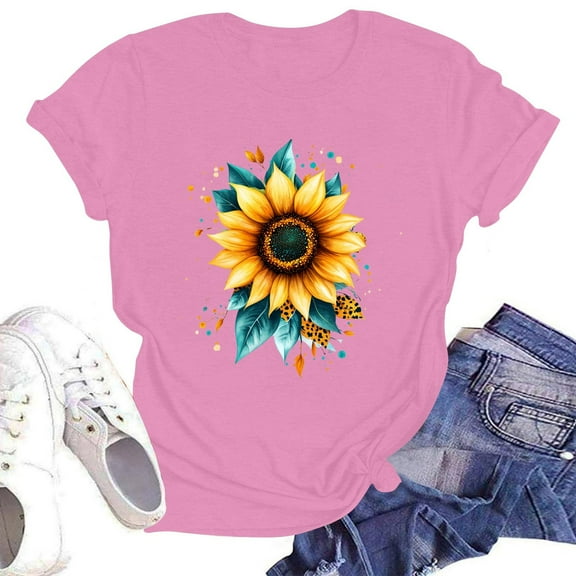 NAMTYQX Womens Spring Tops Print Plus Size Mit Muster Stretch Stylish Short Sleeve Cool Baggy Crew Neck Tops for Women 2025 Pink Size XL