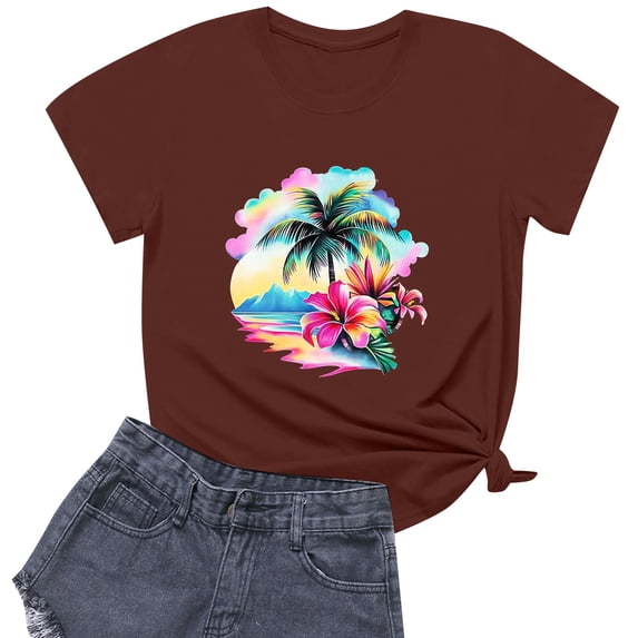 NAMTYQX Womens Summer Shirts Graphic Cool Short Sleeve Grafisches Plus Size Baggy Round Neck Trending Stretch Tops for Women Trendy Summer Wine Size L