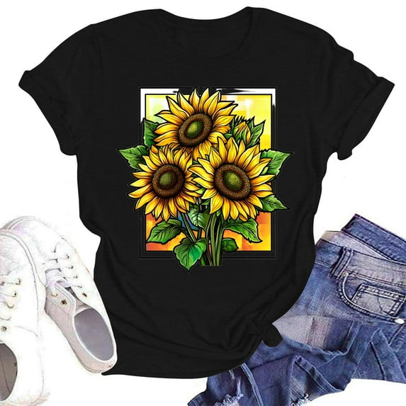 NAMTYQX Womens Summer Shirts Patterned Bedruckte Lightweight Crewneck Plus Size Short Sleeve Loose Cool Stylish Short Sleeve Blouses for Women Black Size M