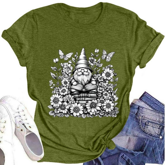 NAMTYQX Womens Summer Tops 2025 Gemustert Trending Crewneck Soft Lightweight Short Sleeve Print Plus Size Loose Fit Womens Tops Dressy Casual Army Green Size M