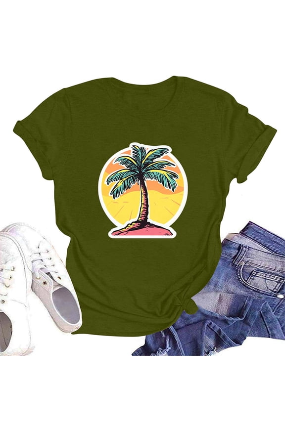 Womens Summer Tops 2025 Loose Fit Cool Light Short Sleeve Crew Neck Printed Trendy Muster Oversized Womens Graphic T Shirts Green Size XL