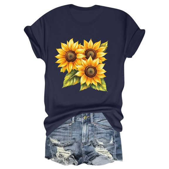 NAMTYQX Womens Summer Tops 2025 Print Short Sleeve Cool Stretch Loose Classic Oversize Scoop Neck Fullprint Casual Tops for Women Navy Size L