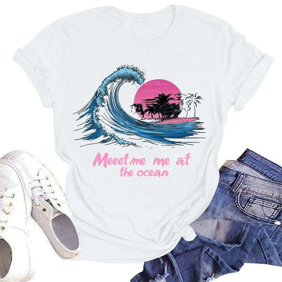 NAMTYQX Womens Summer Tops 2025 Short Sleeve Bedrucken Crew-Neck Lightweight Plus Size Fashion Loose Soft Print Short Sleeve Blouses for Women White Size L