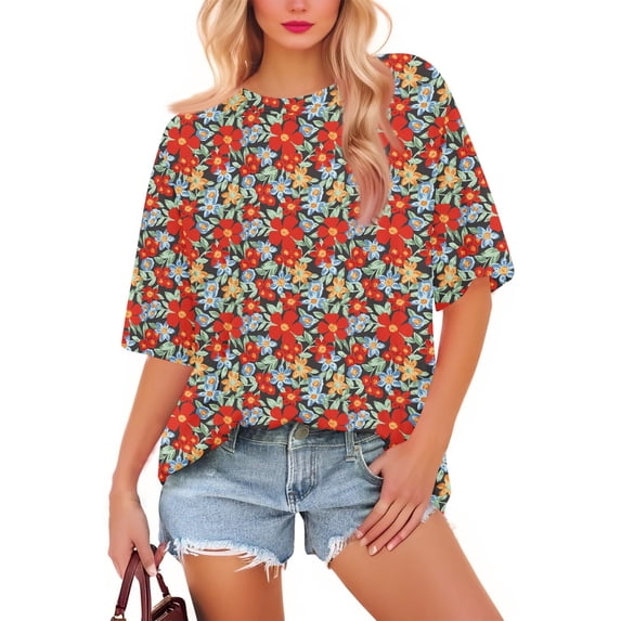 NAMTYQX Womens Summer Tops Casual Hip Graphic Short Sleeve Plus Size Basic Light Boxy Fit Crewneck Wine Size 2XL
