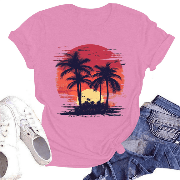 NAMTYQX Womens Summer Tops Cool Short Sleeve Hawaii Stretchy Loose Fit Plus Size Grafisches Print Crewneck T Shirts for Women Pink Size 2XL