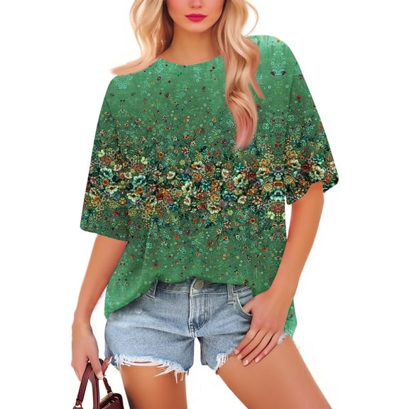 NAMTYQX Womens Summer Tops Crew Neck Cute Loose Stretchy Short Sleeve Plus Size Popular Lounge Graphic Dark Green Size M