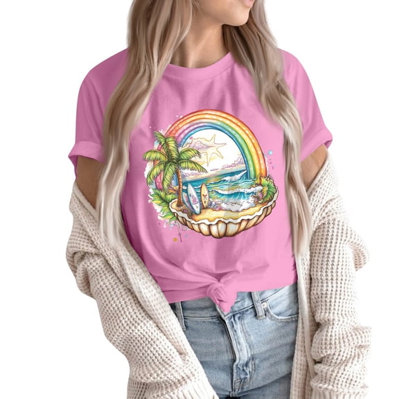 NAMTYQX Womens Summer Tops Graphic Cool Short Sleeve Crew Neck Gemustertes Light Casual Plus Size Baggys Casual Tops for Women Pink Size 2XL